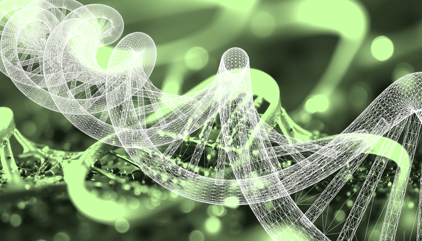 reflected-light macro photograph of DNA double helix molecular structure, base pairs in precise geometric arrangement, soft blue-green bioluminescent glow, intricate molecular details, shallow depth of field