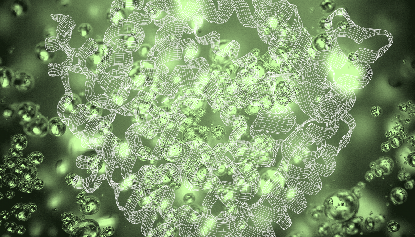 translucent peptide microstructures, iridescent holographic surfaces, soft refracted light, molecular lattice geometry