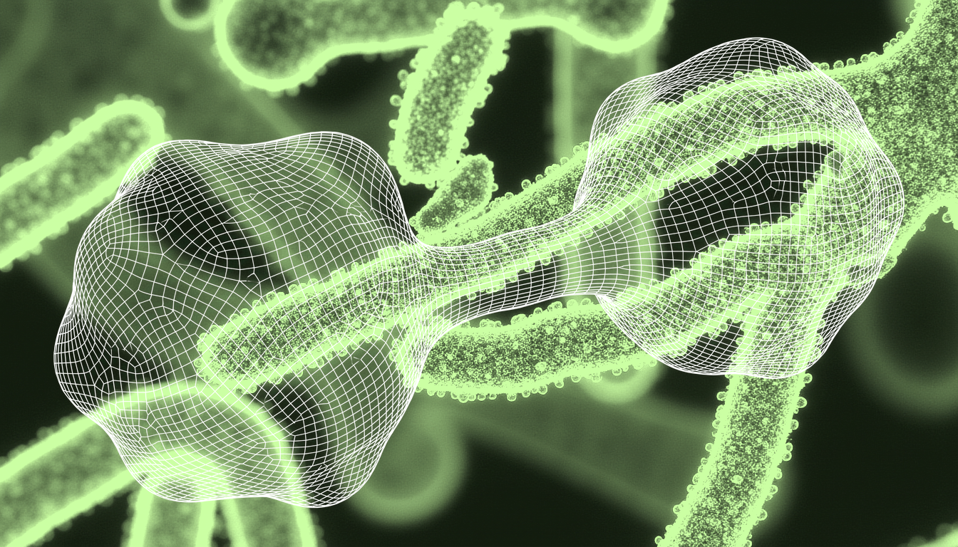 Tunneling nanotubes transferring mitochondria between adjacent cells, transmitted light, single-hue amber cytoplasm, high magnification detail