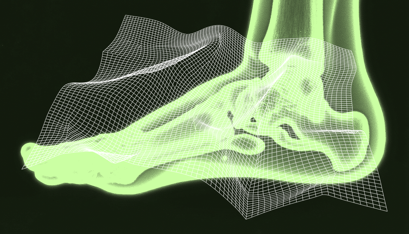 Foot anatomy cross-section with biomechanical pressure mapping, safety gate checkpoints, and algorithm decision nodes in transmitted light microscopy style