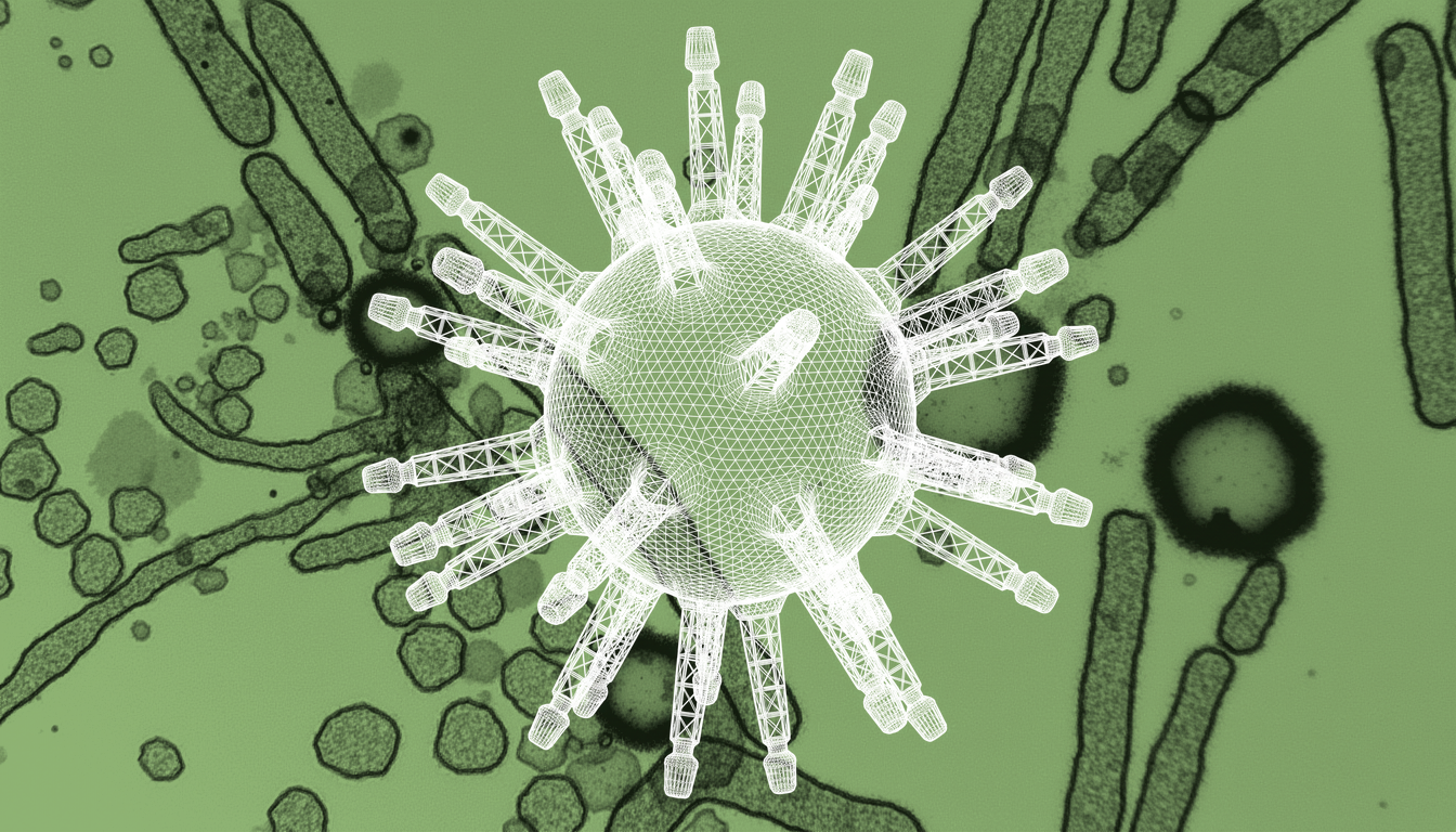 Bacteriophages lysing bacterial cells, single-hue amber transmitted light, high magnification viral particles and host debris