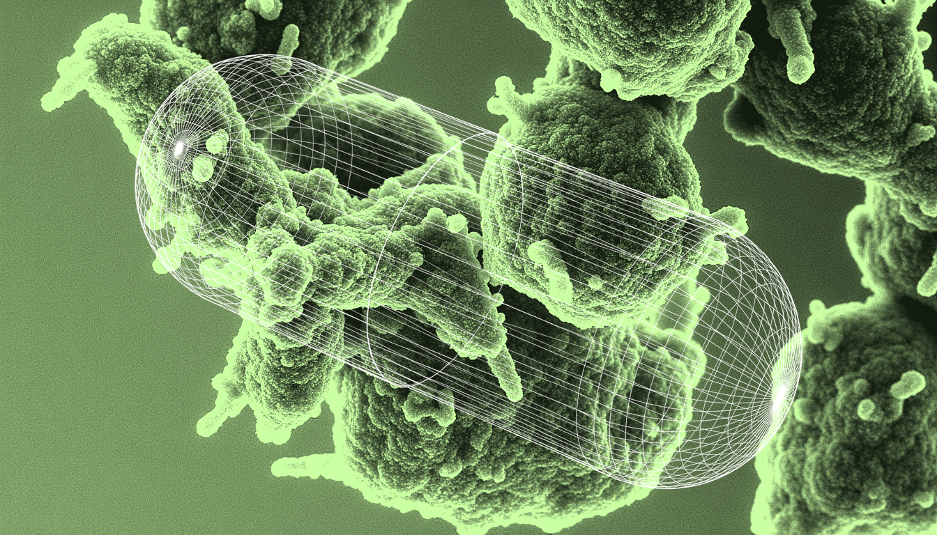 transmission electron micrograph of clustered MTHFR enzyme variants, single-hue amber palette, molecular resolution