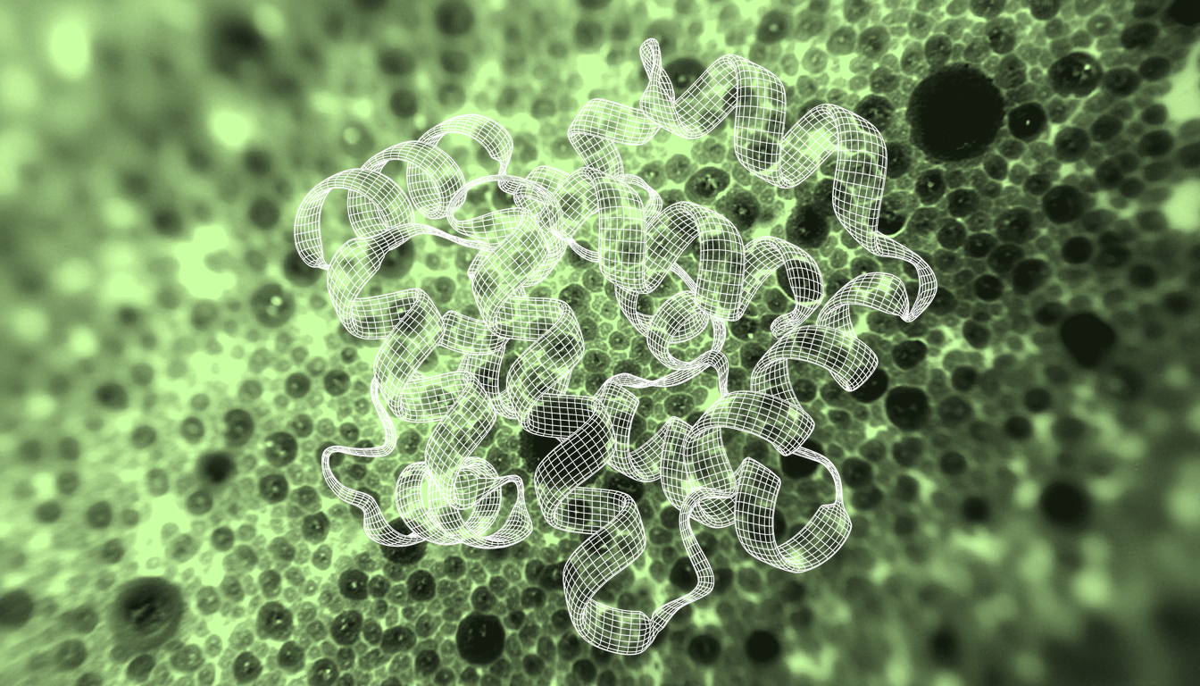 Clustered Z-AAT protein molecules with exposed monomer surfaces, some beginning to polymerize, stabilized by bound miniprotein fragments, macro close-up of fibrous aggregates dispersing, soft diffuse light, translucent protein texture