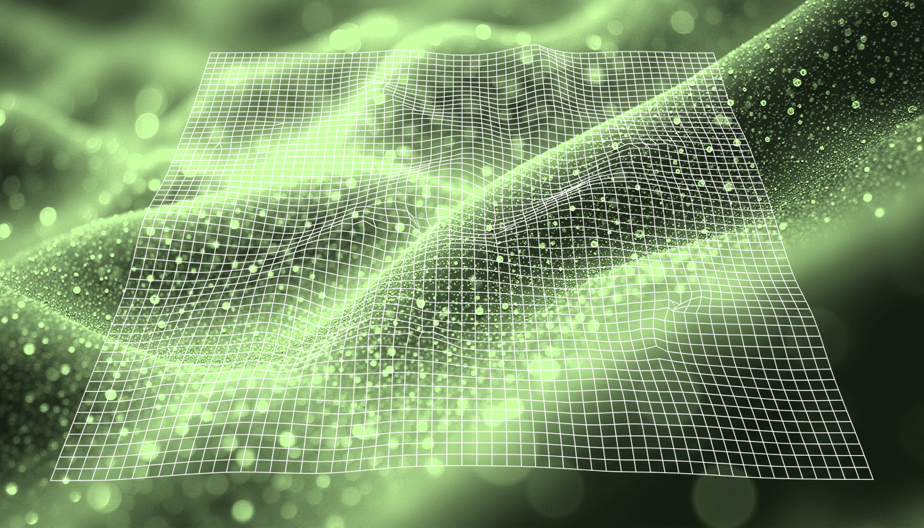 translucent neural network membrane with fluid dynamic distortions, soft backlight revealing algorithmic wave interference patterns