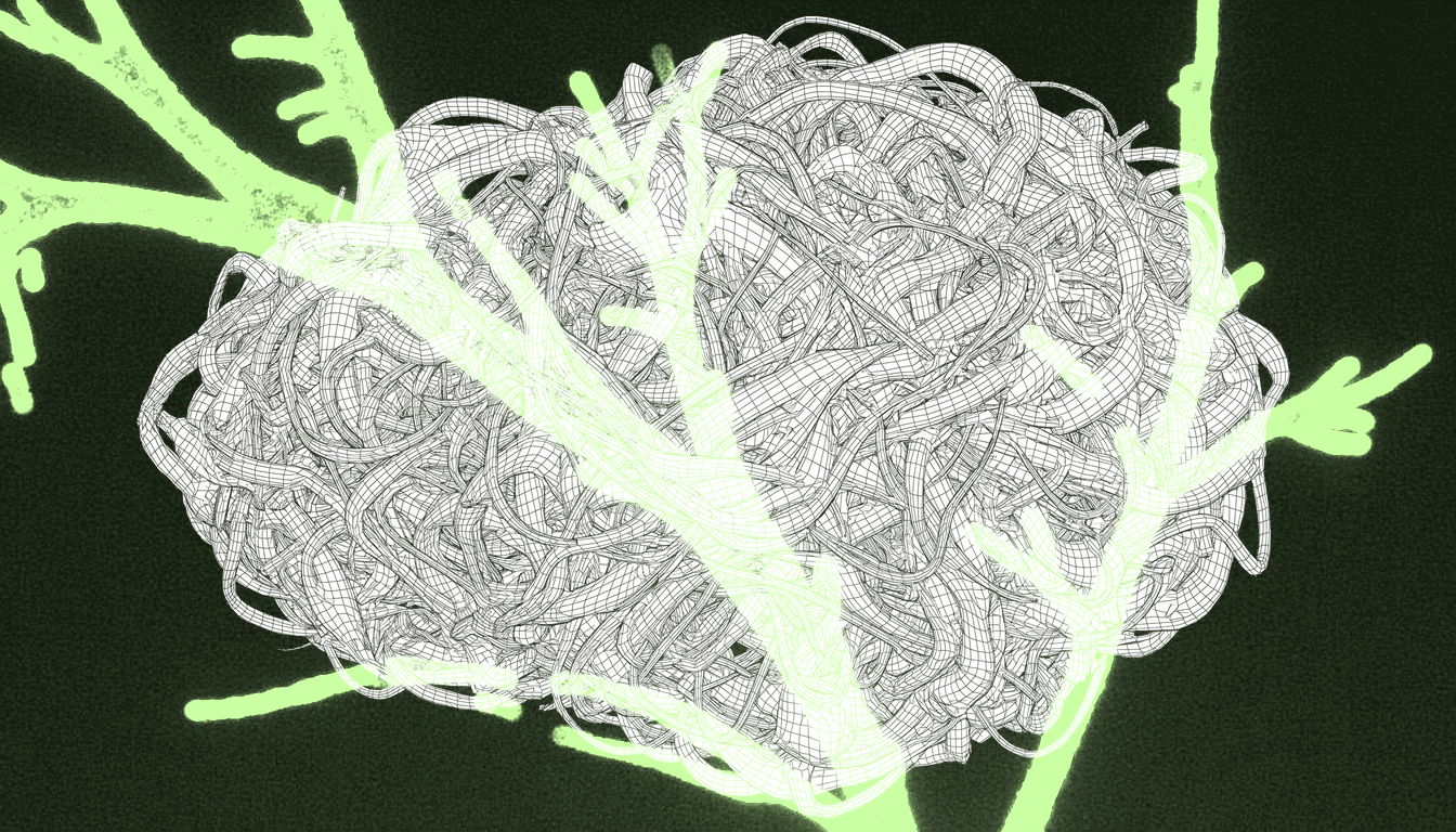 Fibroblasts with disrupted actin cytoskeleton and excessive focal adhesion signaling, phase-contrast micrograph, single-hue amber illumination, pathological migration trails