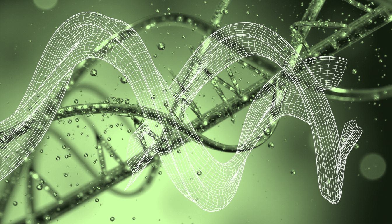 Translucent DNA strands with methylated regions glowing, suspended in fluid droplets, soft amber backlight, shallow depth of field, abstract molecular landscape